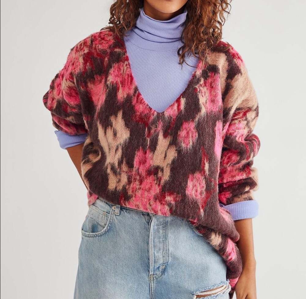 Free People Primrose Floral V-Neck Oversize Tunic Sweater
